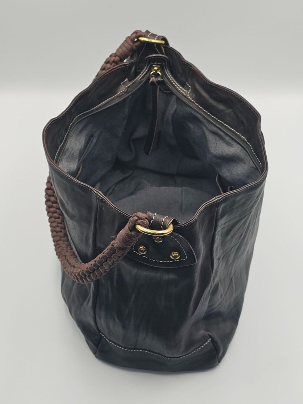 Christopher Kon Women's Brown Leather Braided Handle Shoulder Boho Bag Sz L 2561 - Picture 9 of 11